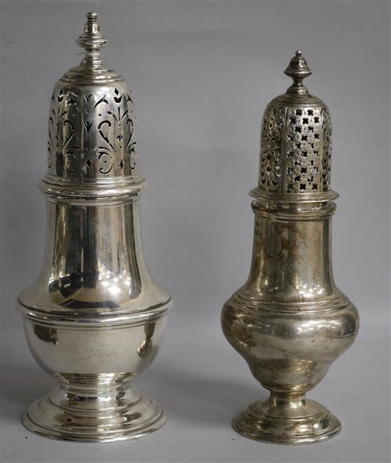 A George V silver sugar casket, William Comyns & Sons, London, 1926 and a later silver sugar caster, largest 21.8cm.